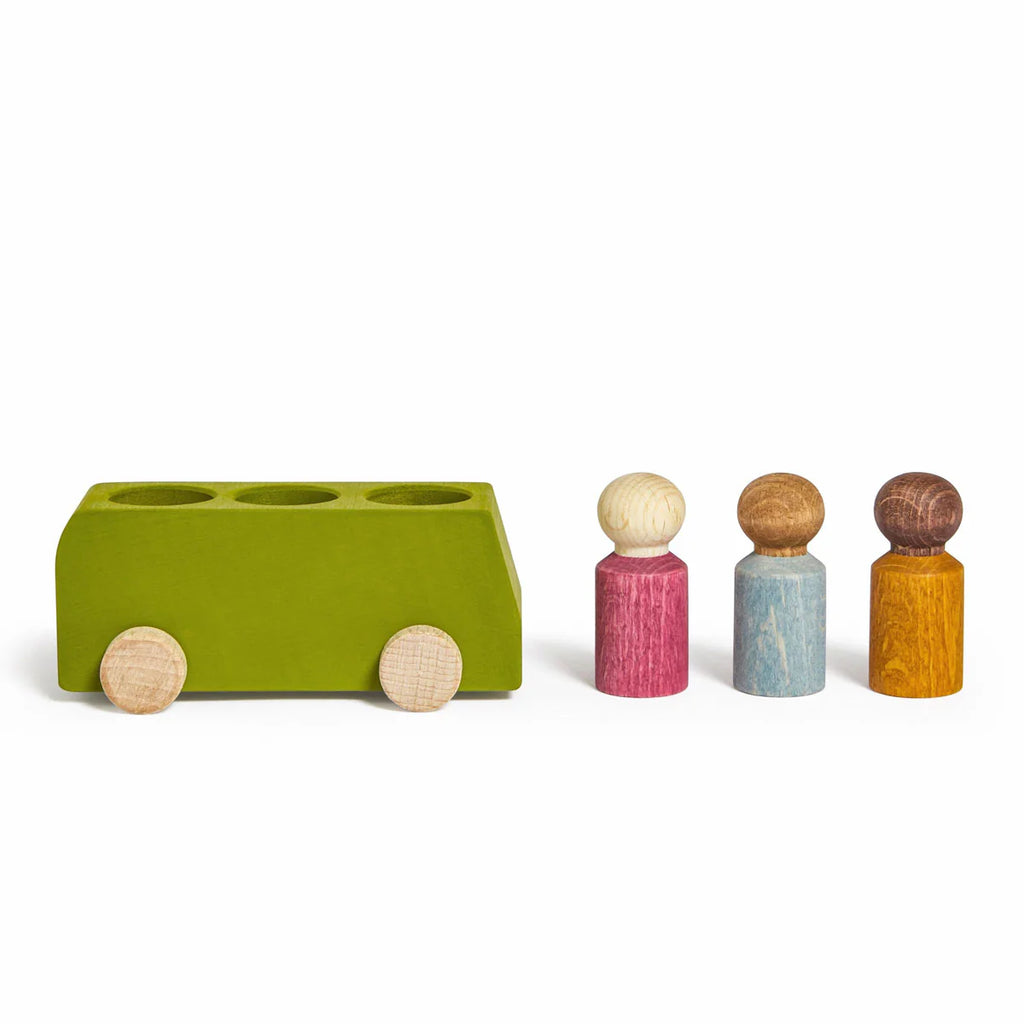 The Lubulona Wooden Bus with 3 Figures - Lime is a green wooden toy bus with four wheels and three peg dolls in pink, blue, and yellow—ideal for fans of minimalist and wooden toys.