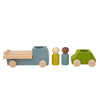 The Lubulona Wooden Tow Truck - Grey is a wooden toy set for small-world play, featuring a grey tow truck, a green car, and two peg figures with natural wood wheels and heads, shown in a row on a plain white background.