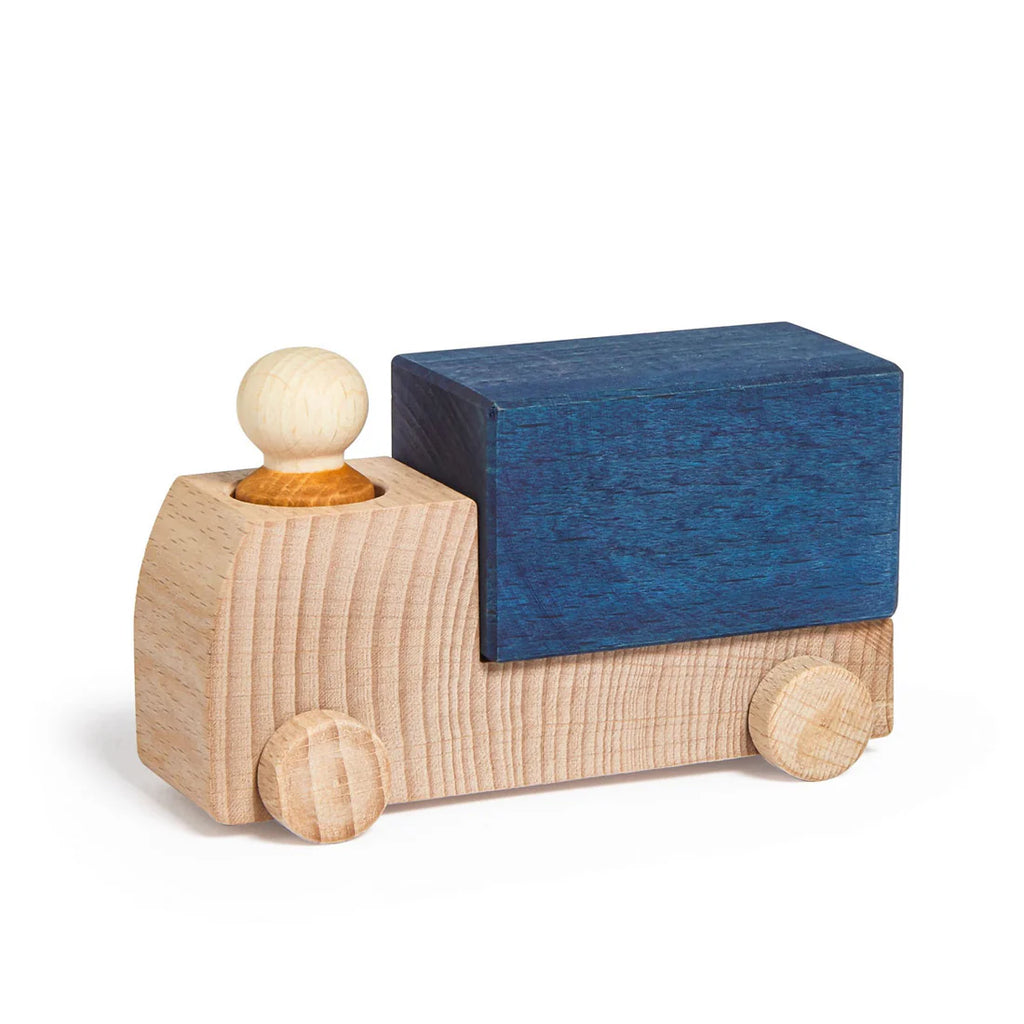 The Lubulona Wooden Truck - Blue features a natural wood cab and wheels, a round wooden driver, and a blue rectangular bed—ideal for eco-friendly toy lovers.