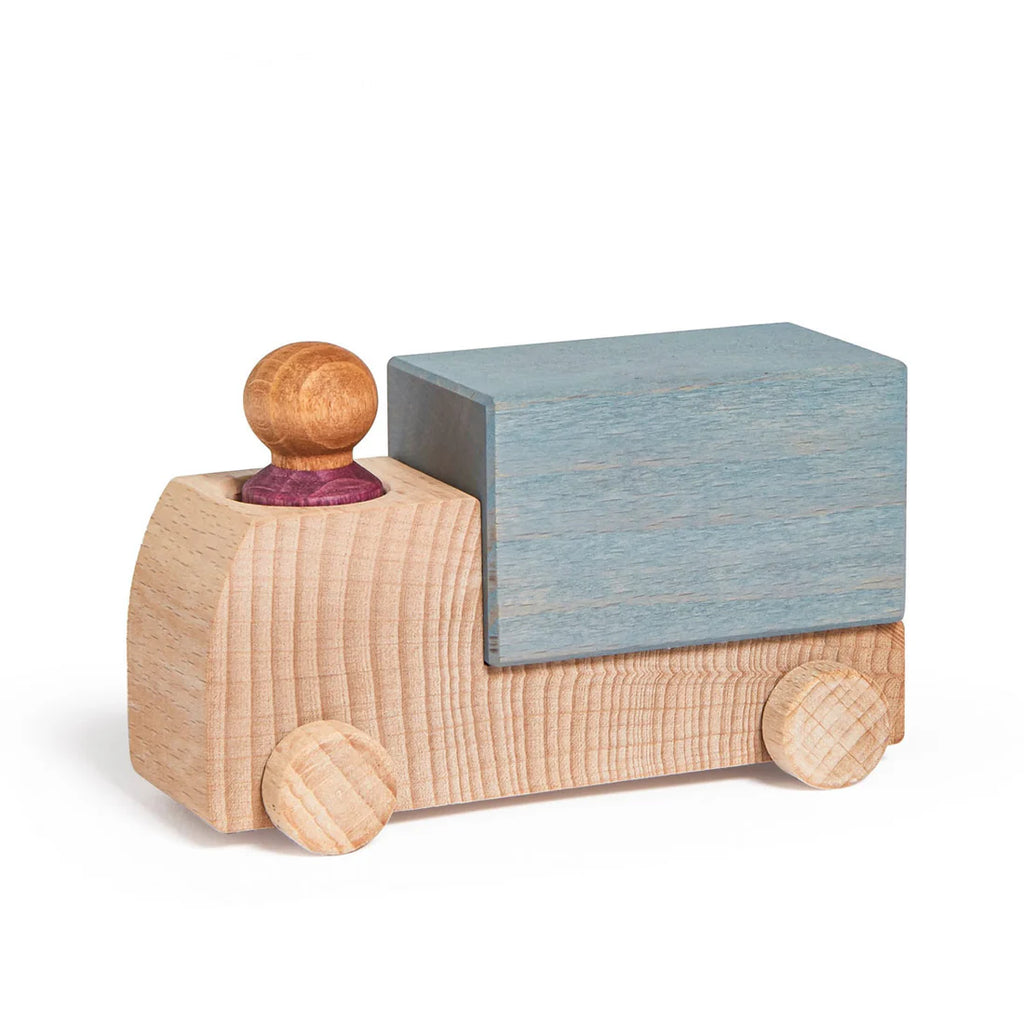 The Lubulona Wooden Truck - Grey features natural wood wheels, a light wood cab, a grey cargo bed, and a small round wooden driver—classic Lubulona style for imaginative play.