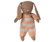 A soft brown bunny with long floppy ears, wearing a dusty rose knitted suit. Perfect for a miniature dollhouse, this micro bunny has simple stitched facial details and outstretched arms. PRE-ORDER now—estimated ship date: early October.