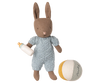 PRE-ORDER: Rabbit Set, Micro - Brown - Blue (ships early November). Features a plush bunny in a light blue knitted outfit holding a baby bottle, with a soft round toy ball in yellow, gray, and white.