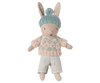 PRE-ORDER: Winter Rabbit, Micro - Sand - Mint is a soft stuffed bunny with embroidered features, floppy ears, a knitted blue pom-pom hat, cream and blue sweater, and light blue pants. Perfect for miniature dollhouses. Ships Early November.
