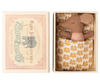 The PRE-ORDER: Sleepy Wakey Baby Mouse in Matchbox - Rose features a small mouse in a pink outfit, lying on soft bedding inside a matchbox-style box. Estimated ship date is late October.