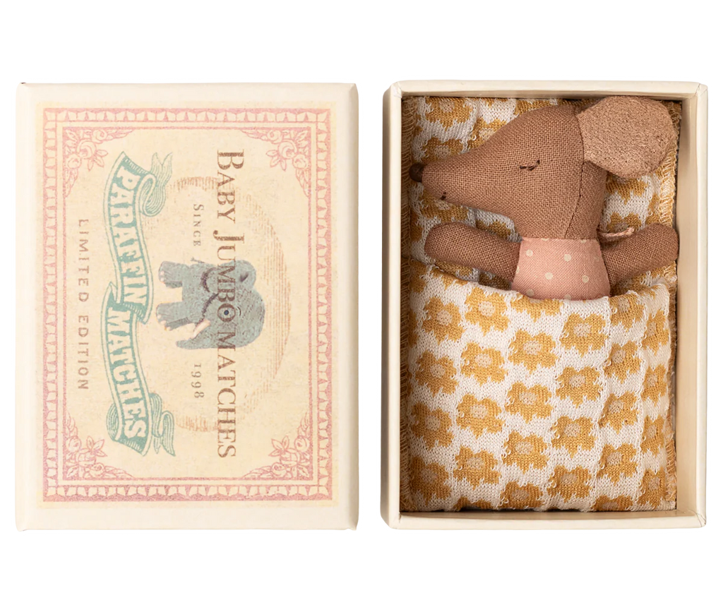 The PRE-ORDER: Sleepy Wakey Baby Mouse in Matchbox - Rose features a small mouse in a pink outfit, lying on soft bedding inside a matchbox-style box. Estimated ship date is late October.