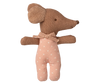 PRE-ORDER: Sleepy Wakey Baby Mouse in Matchbox - Rose features a soft brown head and arms, large round ears, stitched eyes, a pointed nose, pink polka-dot body, and wears a tiny knitted bow. Estimated ship date: late October.