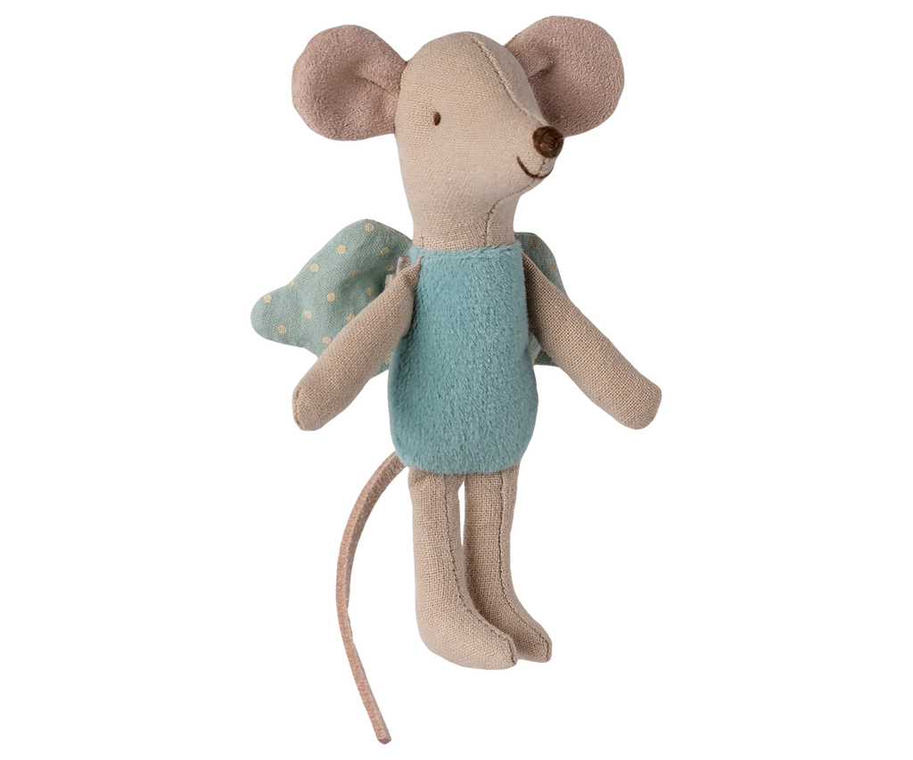 PRE-ORDER: Fairy Mouse, Little - Mint features soft light brown fur, large round ears, a long tail, stitched smile, mint outfit, and green polka-dotted backpack. Ships late September. Imagination soars with every cuddle!.