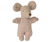 PRE-ORDER: Baby Mouse in Carry Cot - Rose features a baby mouse with large beige ears, brown nose, black stitched eyes, and a pink and cream striped knitted suit. Estimated ship date: late October.
