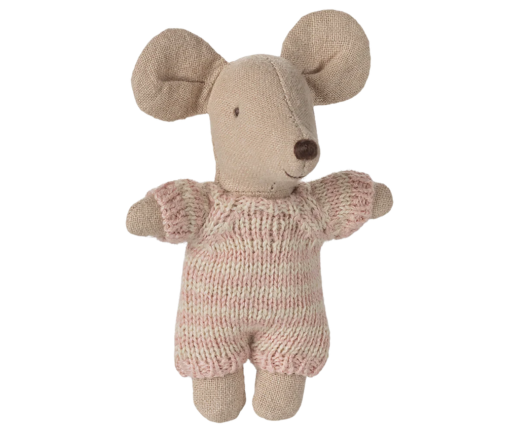 PRE-ORDER: Baby Mouse in Carry Cot - Rose features a baby mouse with large beige ears, brown nose, black stitched eyes, and a pink and cream striped knitted suit. Estimated ship date: late October.