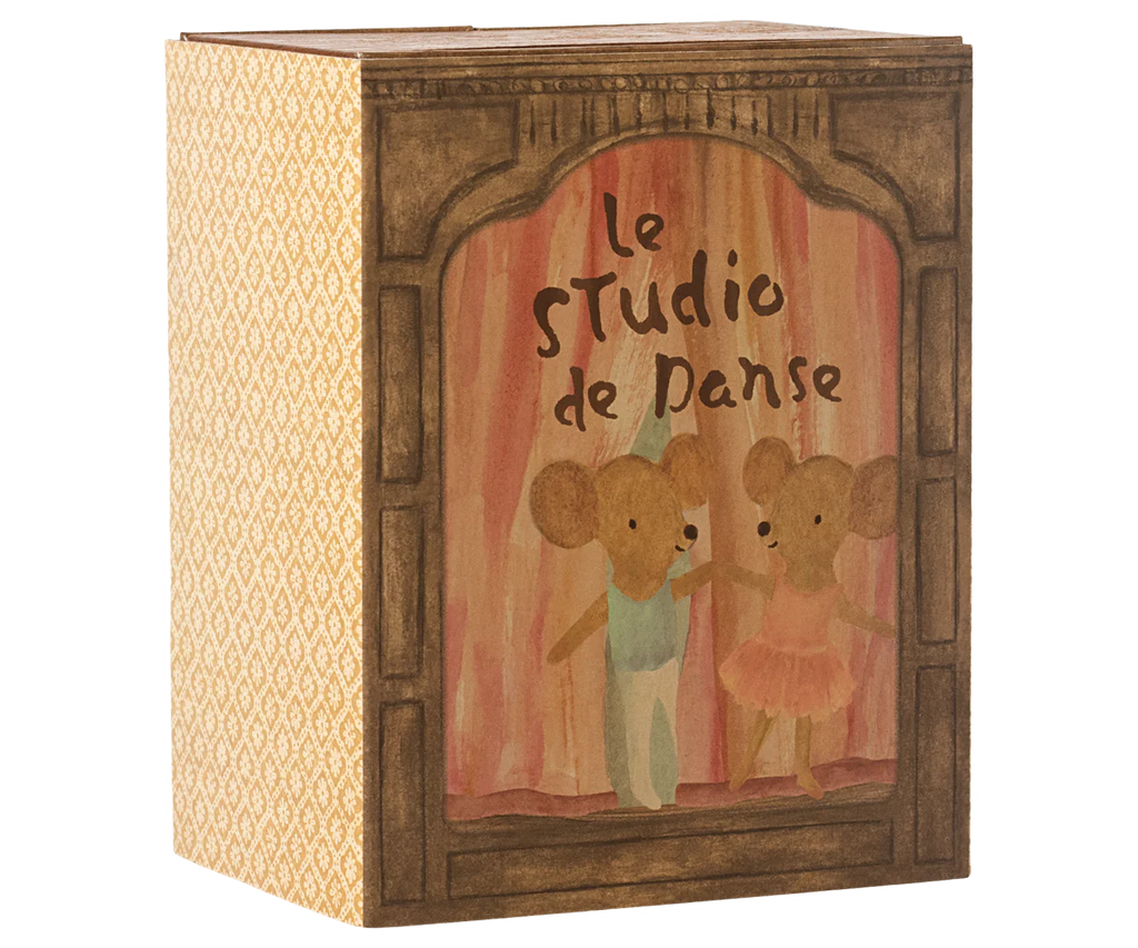 PRE-ORDER: Ballet Mice in Dance Studio, Little Sister and Brother. A charming decorative box shows two mice in ballet outfits on stage with "Le Studio de danse" above—perfect for a mouse house or dance studio. Approx. ship date: Late October.