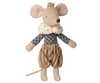 The PRE-ORDER Prince Mouse, Big Brother wears a gold crown, a blue and tan checkered shirt with a white ruffled collar, and striped puffy pants. Made of soft cotton. Ships late October. Set against a plain beige background.