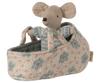 PRE-ORDER: Baby Mouse in Carry Cot - Blue features a small mouse in a blue and white knitted suit, resting in a floral-patterned carry cot with handles. Estimated ship date: late October.