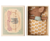 The PRE-ORDER: Sleepy Wakey Baby Mouse in Matchbox - Blue, wearing a blue polka dot top, is tucked in soft fabrics and a blanket inside a vintage-style matchbox reading "Baby Jumbo Matches Limited Edition." Ships late October.
