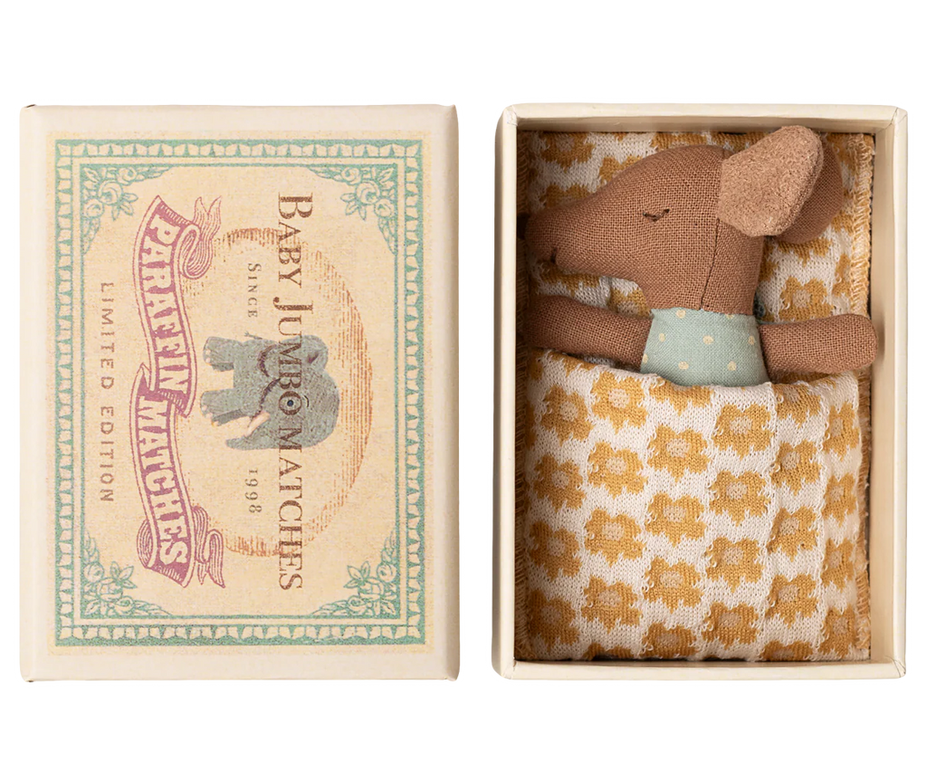 The PRE-ORDER: Sleepy Wakey Baby Mouse in Matchbox - Blue, wearing a blue polka dot top, is tucked in soft fabrics and a blanket inside a vintage-style matchbox reading "Baby Jumbo Matches Limited Edition." Ships late October.
