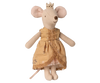 PRE-ORDER: Princess Mouse, Big Sister (Aprox. Ship Date: Late October) stands elegantly in her gold crown and lace-trimmed gold dress—perfect for royal Maileg castle adventures.
