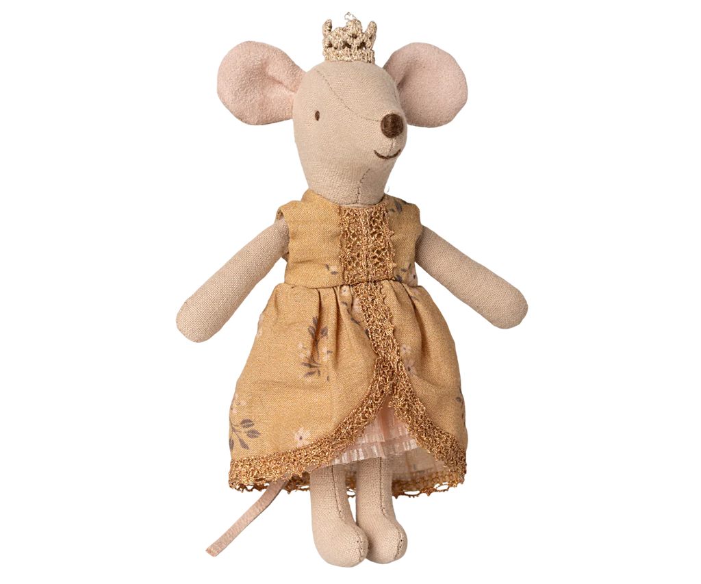 PRE-ORDER: Princess Mouse, Big Sister (Aprox. Ship Date: Late October) stands elegantly in her gold crown and lace-trimmed gold dress—perfect for royal Maileg castle adventures.