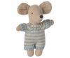 PRE-ORDER: Baby Mouse in Carry Cot - Blue features a small plush mouse with large round ears, stitched eyes, and a smiling mouth, dressed in a blue and white knitted suit. Estimated ship date is late October.