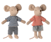 PRE-ORDER: LouiMax and Stella, Little Brother and Sister Mice, stand against a beige background. LouiMax wears a blue-and-white striped shirt with denim shorts; Stella wears red-and-white stripes with a gray skirt. Ships late October.