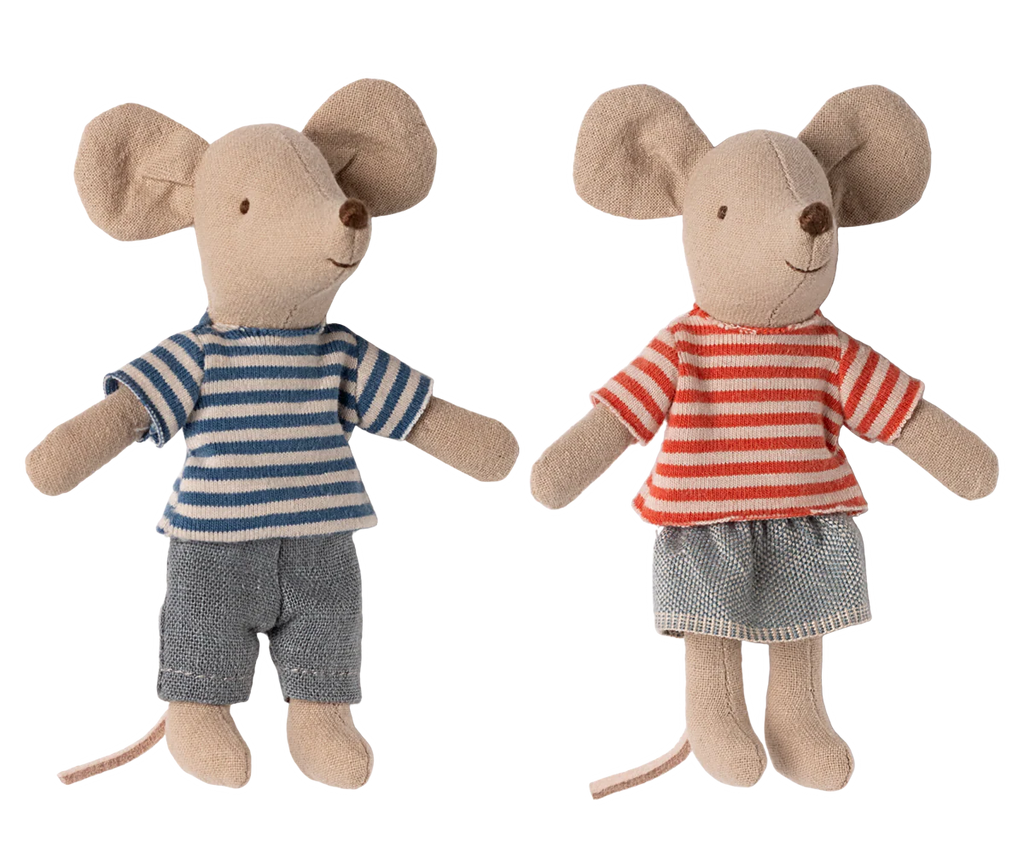 PRE-ORDER: LouiMax and Stella, Little Brother and Sister Mice, stand against a beige background. LouiMax wears a blue-and-white striped shirt with denim shorts; Stella wears red-and-white stripes with a gray skirt. Ships late October.
