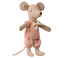 The PRE-ORDER: Little Sister Mouse in Matchbox (Aprox. Ship Date: Early November) features a beige mouse with a pink gingham outfit and bow, standing upright on a matching background to highlight its soft, charming fabrics.