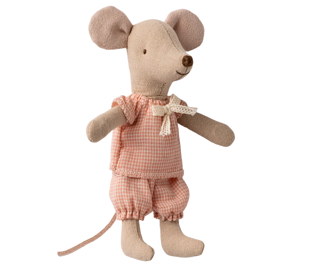 The PRE-ORDER: Little Sister Mouse in Matchbox (Aprox. Ship Date: Early November) features a beige mouse with a pink gingham outfit and bow, standing upright on a matching background to highlight its soft, charming fabrics.