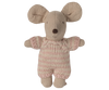 PRE-ORDER: Baby Mouse in Carry Cot - Rose features a tiny mouse with big ears, stitched nose, black eyes, and a pink and white knitted suit. Estimated ship date: late October.