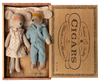PRE-ORDER: Mum & Dad Mice in Cigarbox—dressed in polka dot nightgown and blue striped pajamas with matching eye masks—lie in a cozy box bed. Estimated ship date: Early October.