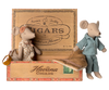 PRE-ORDER: Mum & Dad Mice in Cigarbox – Two mice in nightwear (blue stripes and polka dots) sit and stand by an open, labeled cigar box bed with a blanket and magnifying glass. Estimated ship date: Early October.