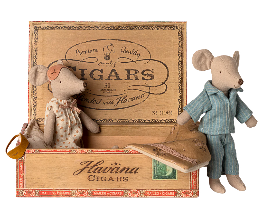 PRE-ORDER: Mum & Dad Mice in Cigarbox – Two mice in nightwear (blue stripes and polka dots) sit and stand by an open, labeled cigar box bed with a blanket and magnifying glass. Estimated ship date: Early October.