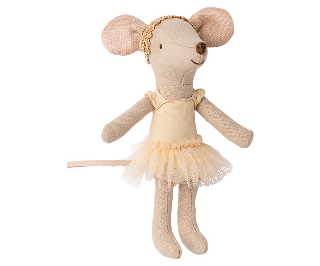 The PRE-ORDER: Ballet Dancer Mouse, Big Sister (Ships late October) is a plush mouse doll dressed in a cream tutu and gold headband with outstretched arms and legs—ideal for display.