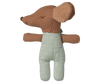 The PRE-ORDER: Sleepy Wakey Baby Mouse in Matchbox - Blue features a soft-fabric mouse with closed eyes, dressed in a light blue outfit with yellow polka dots, displayed against a solid beige background. Ships late October.