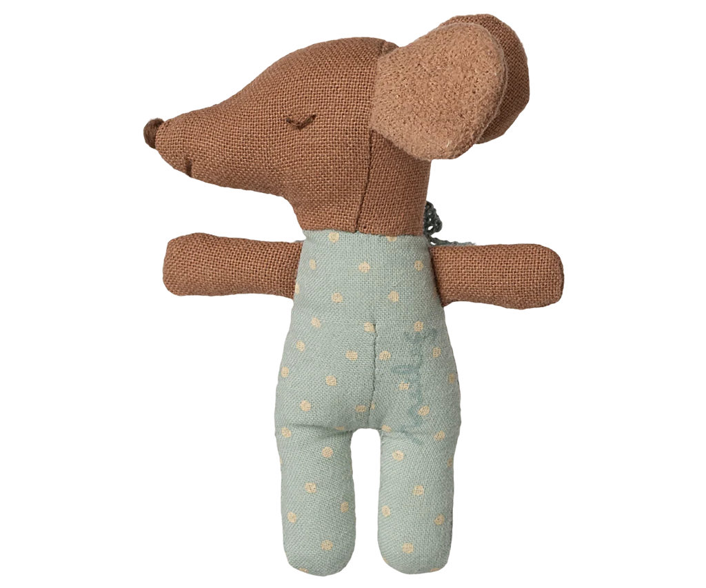 The PRE-ORDER: Sleepy Wakey Baby Mouse in Matchbox - Blue features a soft-fabric mouse with closed eyes, dressed in a light blue outfit with yellow polka dots, displayed against a solid beige background. Ships late October.