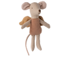 PRE-ORDER: Fairy Mouse, Little - Powder features a soft beige body, large round ears, long tail, light brown dress, and delicate golden wings—perfect for inspiring imagination and adding a magical touch. Ships late September.