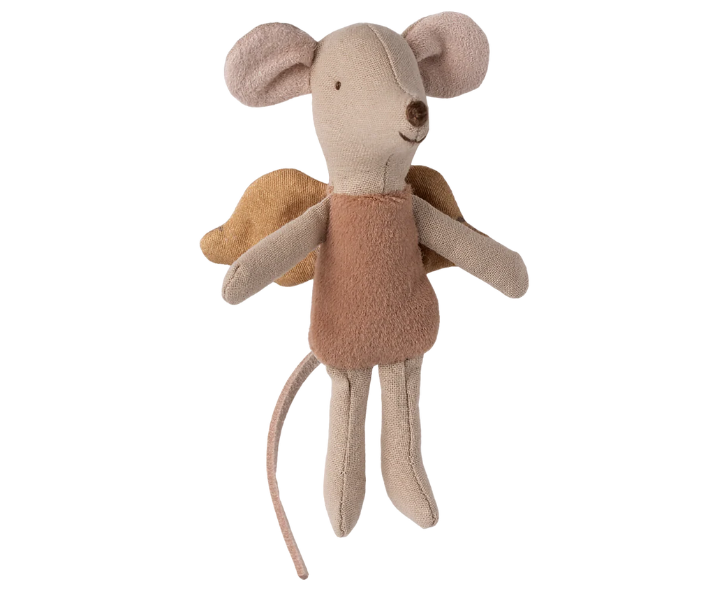 PRE-ORDER: Fairy Mouse, Little - Powder features a soft beige body, large round ears, long tail, light brown dress, and delicate golden wings—perfect for inspiring imagination and adding a magical touch. Ships late September.