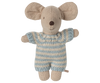 PRE-ORDER: Baby Mouse in Carry Cot - Blue. This soft toy mouse has large ears and wears a blue and white striped knitted suit, standing upright against a white background. Estimated ship date: Late October.