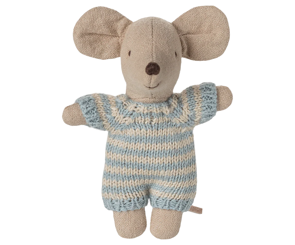 PRE-ORDER: Baby Mouse in Carry Cot - Blue. This soft toy mouse has large ears and wears a blue and white striped knitted suit, standing upright against a white background. Estimated ship date: Late October.