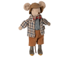 PRE-ORDER: Granddad Mouse—styled in a brown hat, plaid jacket, checkered shirt, red bowtie, brown shorts, and gray boots; made from soft recycled polyester and cotton blends. Estimated ship date: early November.