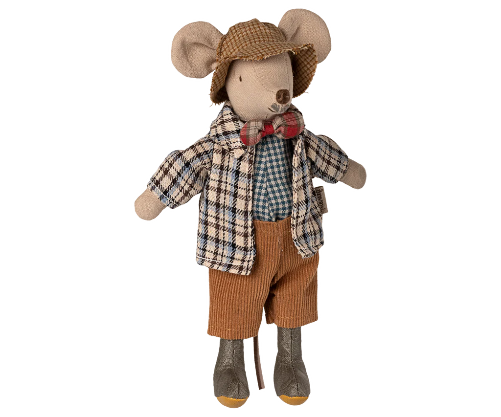 PRE-ORDER: Granddad Mouse—styled in a brown hat, plaid jacket, checkered shirt, red bowtie, brown shorts, and gray boots; made from soft recycled polyester and cotton blends. Estimated ship date: early November.