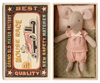 The PRE-ORDER: Little Sister Mouse in Matchbox (Aprox. Ship Date: Early November) features a Maileg mouse dressed in pink, lying in a small bed inside a matchbox with vintage-style art and “Grand Old Match Factory Mouse Race” text on the lid.