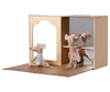 PRE-ORDER: Ballet Mice in Dance Studio, Little Sister and Brother—features three mice: one reading a book and two dressed in pink tutus and headbands, practicing ballet at a barre inside a patterned mini mouse house. Approx. ship late October.