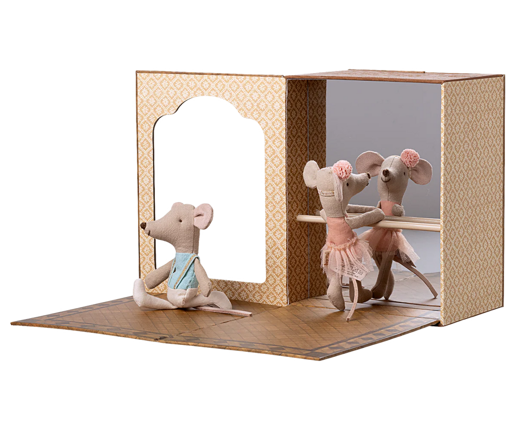 PRE-ORDER: Ballet Mice in Dance Studio, Little Sister and Brother—features three mice: one reading a book and two dressed in pink tutus and headbands, practicing ballet at a barre inside a patterned mini mouse house. Approx. ship late October.