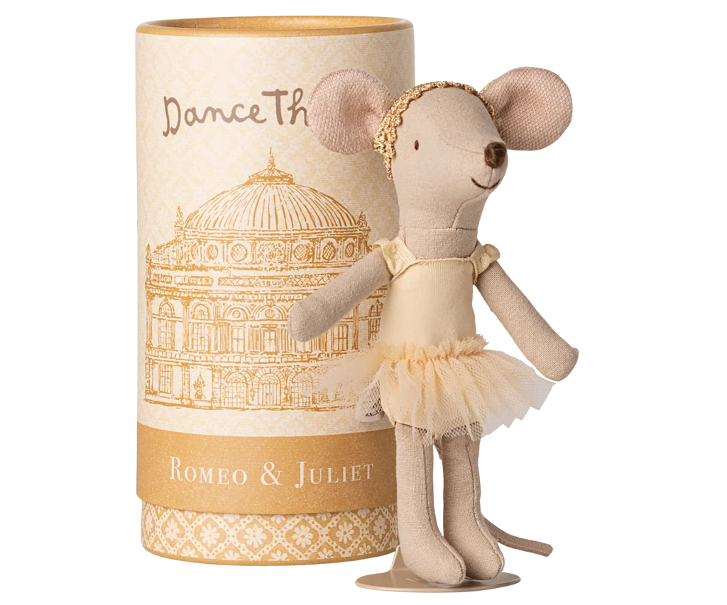 The PRE-ORDER: Ballet Dancer Mouse, Big Sister (Approx. Ship Date: Late October) features a plush mouse ballerina in a cream outfit, displayed before a cylindrical box with gold artwork and "Dance," "Romeo & Juliet.