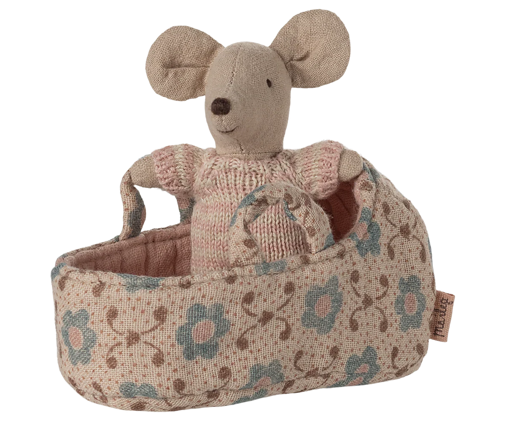 PRE-ORDER: Baby Mouse in Carry Cot - Rose features a baby mouse in a pink knitted suit, resting in a soft, floral carry cot with handles. Estimated ship date: late October.