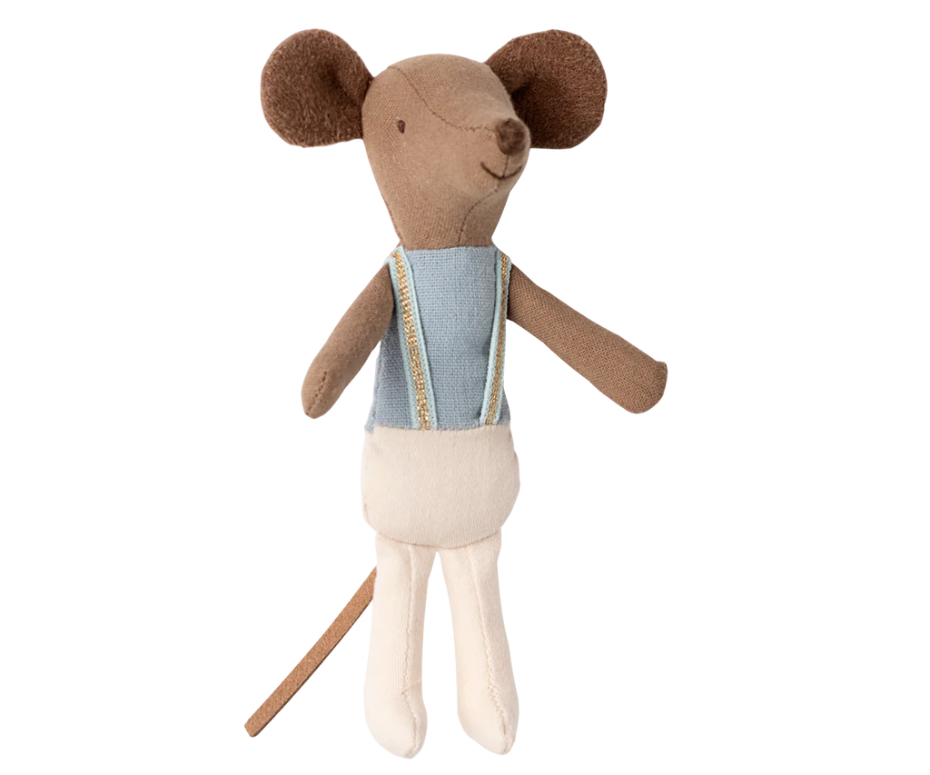 PRE-ORDER: Ballet Dancer Mouse, Big Brother—A small brown cotton plush toy mouse with large ears, a long tail, and dressed in a light blue shirt with suspenders and white pants. Approximate ship date: Late October.
