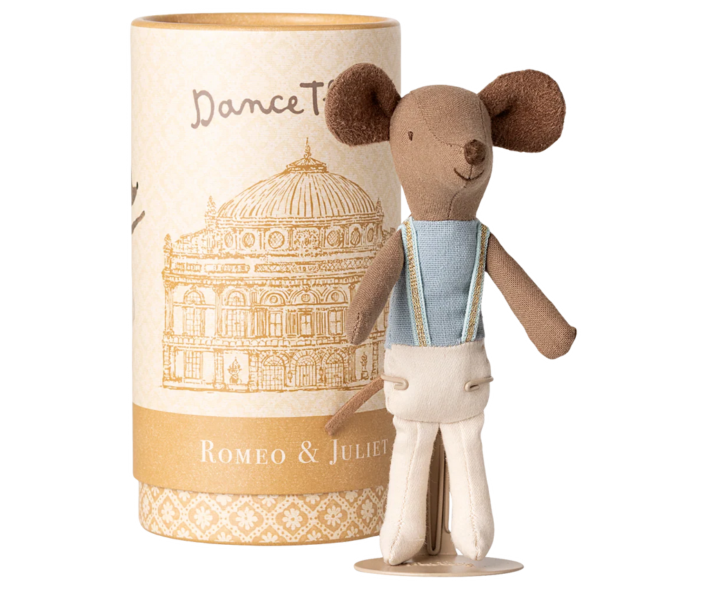 The PRE-ORDER: Ballet Dancer Mouse, Big Brother (Aprox. Ship Date: Late October), a small cotton mouse in a blue shirt and white pants, stands before a "Romeo & Juliet" cylindrical box with a domed building illustration.