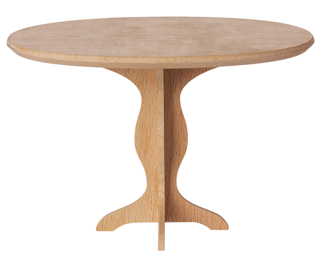 The PRE-ORDER: Oval Table, Mini - Nature (ships early October) features a smooth top, unique intersecting base, natural wood grain, excellent quality wood, and a minimalist design.