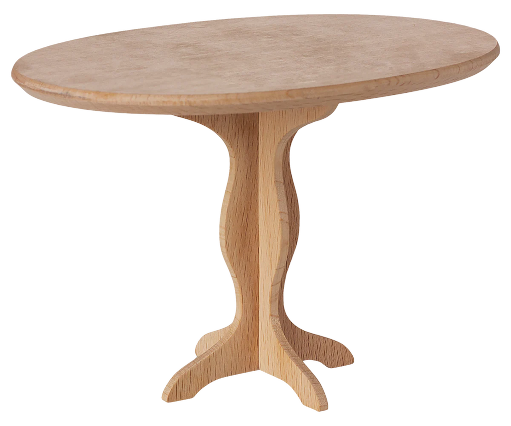 The PRE-ORDER: Oval Table, Mini - Nature features a smooth, light-colored wooden top and a distinct curved three-legged base, perfect for highlighting timeless wooden quality. Approximate ship date: Early October.