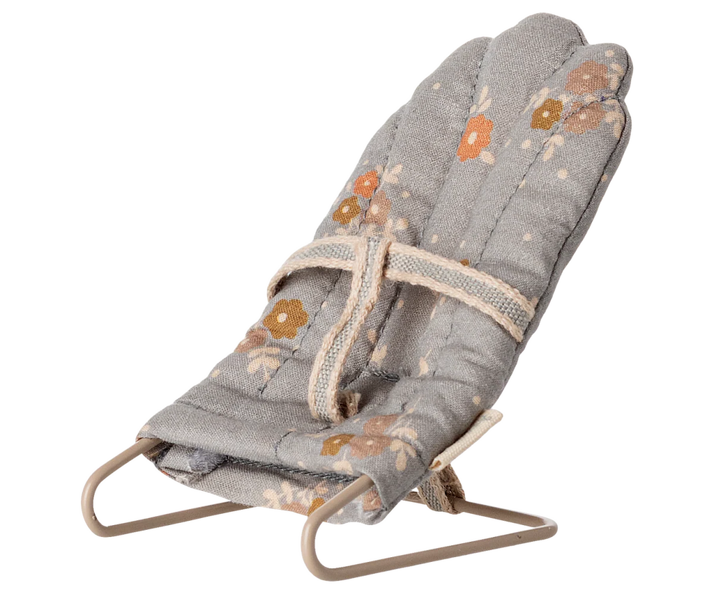 The PRE-ORDER: Babysitter, My - Blue is a small fabric-covered rabbit chair bouncer with a beige metal frame and a blue cushion, available for shipment in late September.