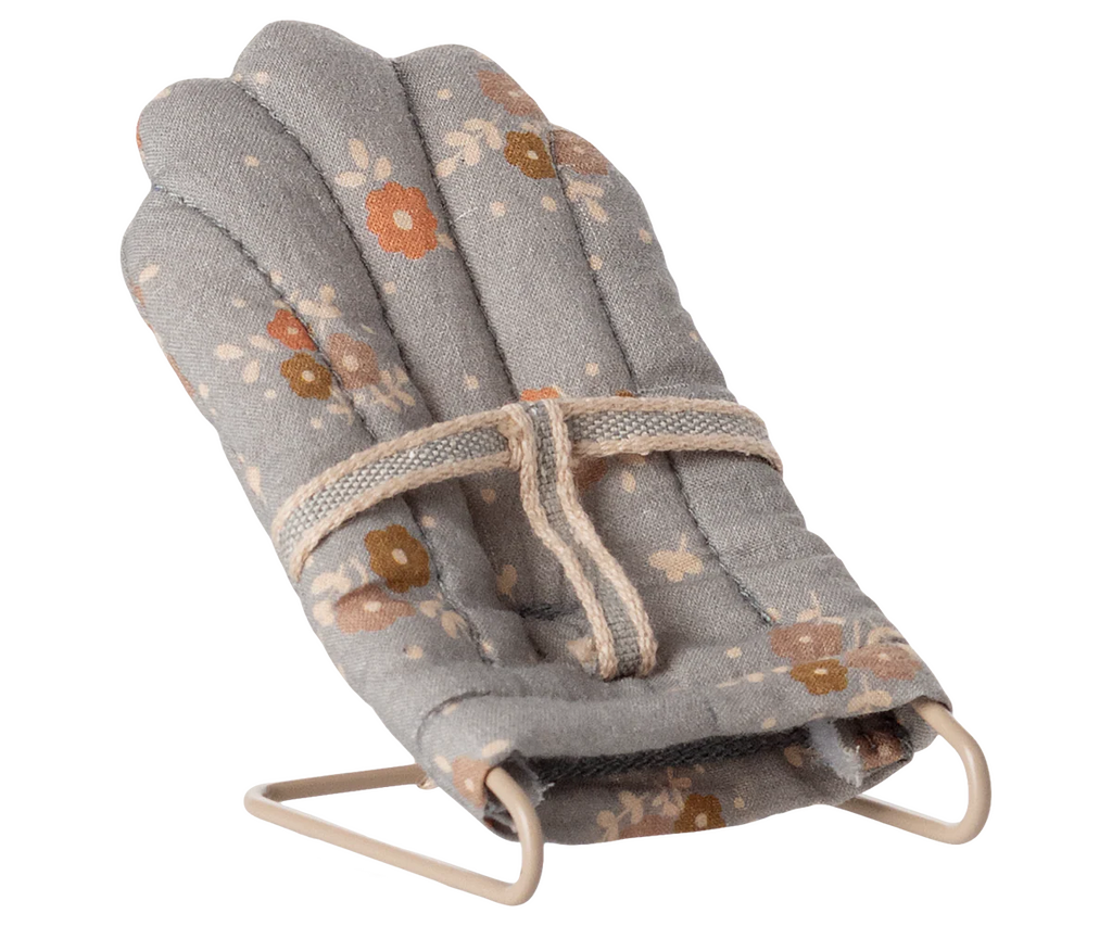 PRE-ORDER: Babysitter, My - Blue (ships late September)—a small rabbit chair with a fabric-covered, cushioned seat in muted florals and a simple metal frame—ideal for tiny babysitters or as charming decor.