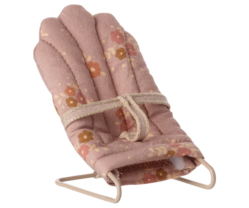 PRE-ORDER: Babysitter, My - Rose—this small pink floral fabric doll chair with a beige safety strap and white metal frame is perfect for any aspiring babysitter’s playtime. Estimated ship date: late September.